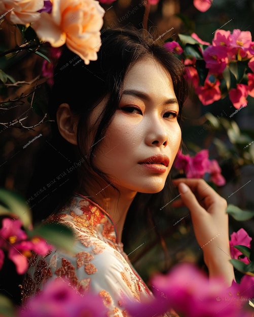 a woman holding her hand out in her garden with colorful flowers by kao ding x