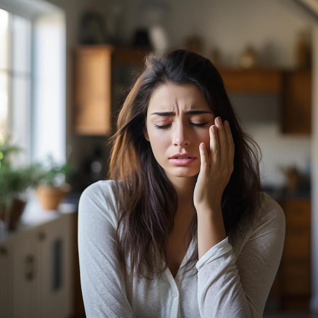 a woman holding her head in front of her eyes