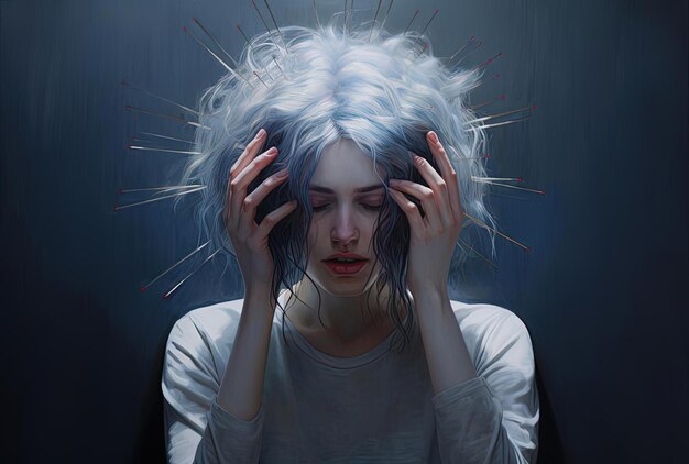 Photo woman holding her head with headache in the style of light indigo and gray