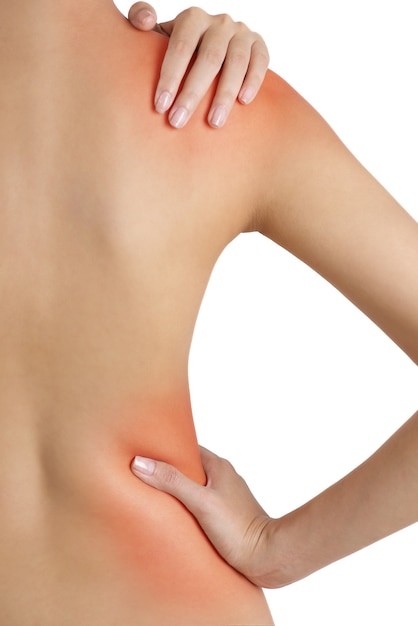 Woman holding her shoulder and waist with red highlight in pain areas