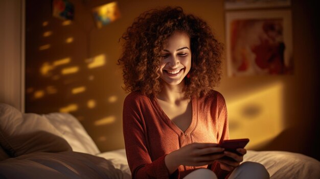 Woman holding her smartphone while sitting at home