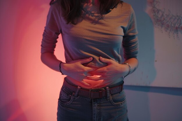 Photo a woman holding her stomach standing in front of a wall suitable for medical or healthrelated concepts