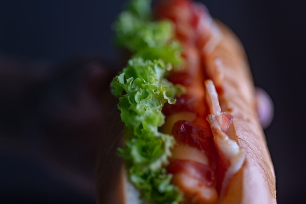 Woman holding hot dog