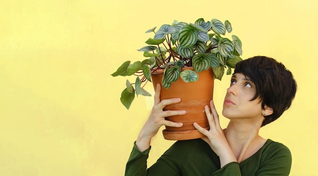 黄色い背景のバナーに肩に室内植物の<unk>を掲げている女性