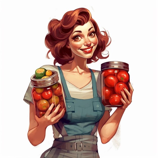 Photo a woman holding a jar of pickled tomatoes and cucumbers generative ai