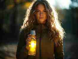 Photo a woman holding a jar with the word quot on it quot on it