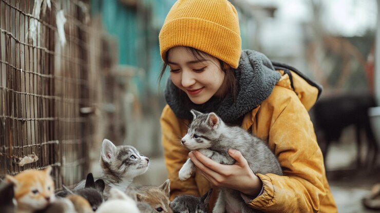 Photo 새끼 고양이와 노란 모자를 들고 있는 여자