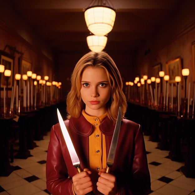 A woman holding knives in a hallway with lights