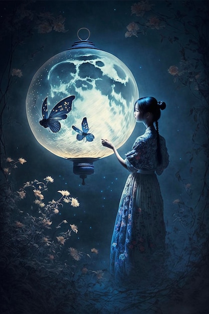 Woman holding a lantern in front of a full moon generative ai