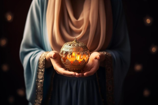 Photo a woman holding a lantern that says  the fire  on it