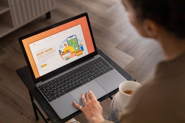 Woman holding laptop high angle