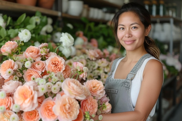 写真 大きな花束を握っている女性