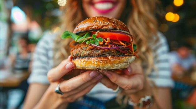 Photo woman holding large hamburger closeup