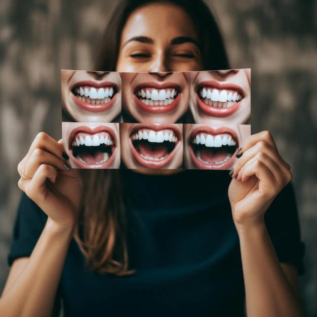 Женщина держит смеющуюся фотографию профессиональной гигиены полости рта концепция здоровых зубов