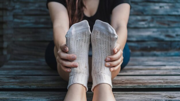 Woman holding legs with socks up