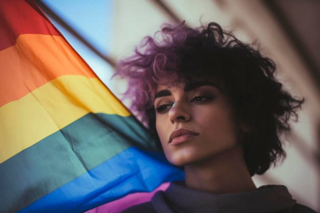 Foto una donna che tiene da vicino una bandiera lgbt