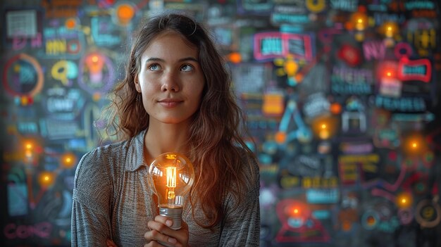 Photo a woman holding a light bulb in front of a wall of colorful letters