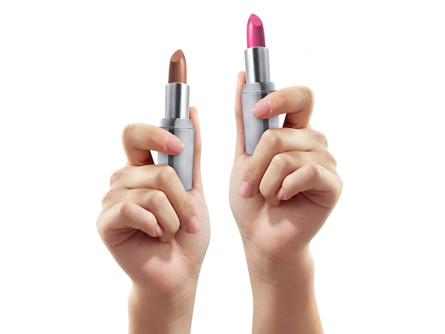 Woman holding lipstick on white background closeup