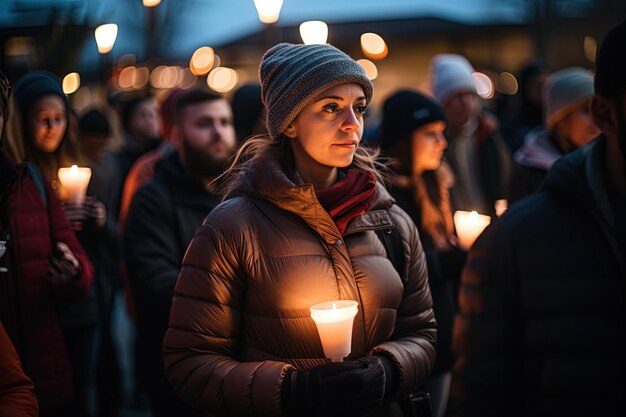 A woman holding a lit candle in her hands