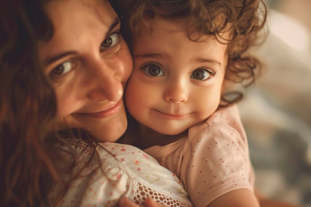 woman holding a little girl affectionately in her arms