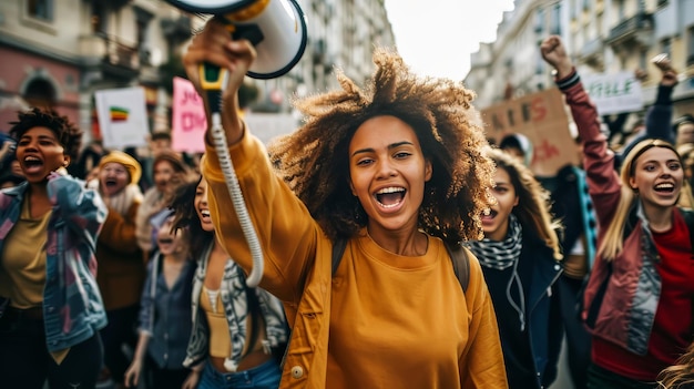 写真 群衆の中でメガフォンを持った女性