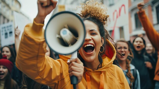 写真 群衆の前でメガフォンを持った女性