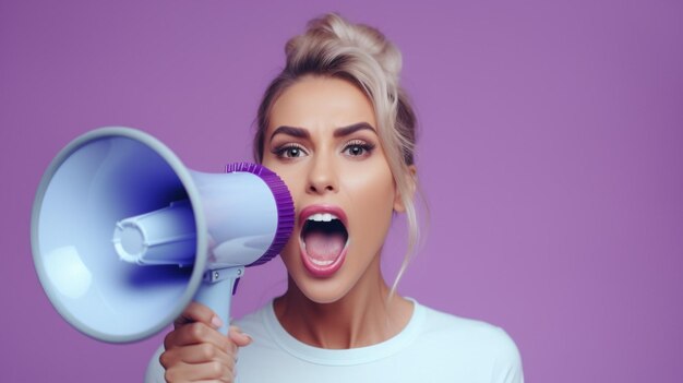 Woman holding megaphone standing on lilac