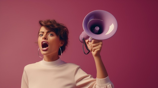 Photo woman holding megaphone standing on mauve