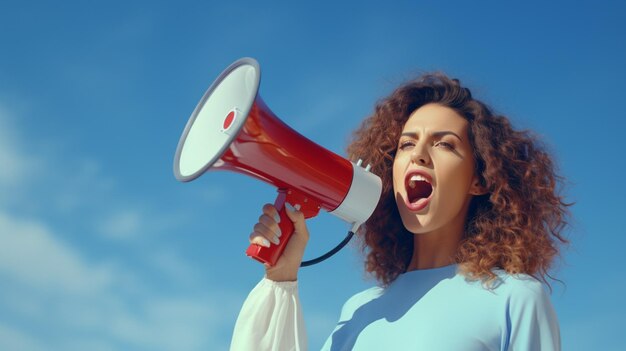 Photo woman holding megaphone standing on periwinkle background