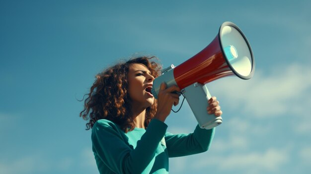 Photo woman holding megaphone standing on turquoise background