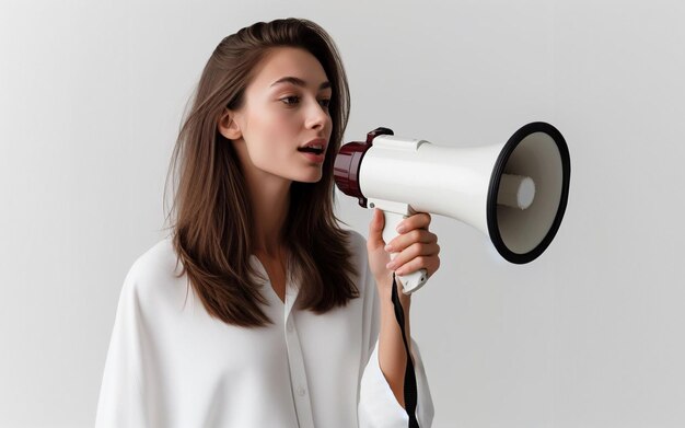 woman holding a megaphone white background Woman shouting into a megaphone