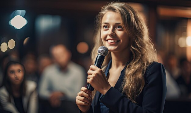 A woman holding a microphone in front of a group of people