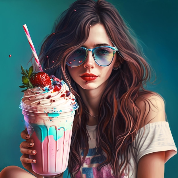 A woman holding a milkshake with a straw and a strawberry on the top