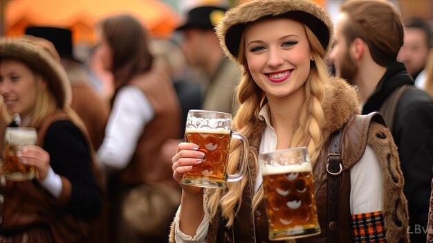 Photo a woman holding a mug of beer with the word  lager  on it