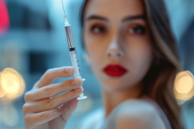 a woman holding a needle with an injection