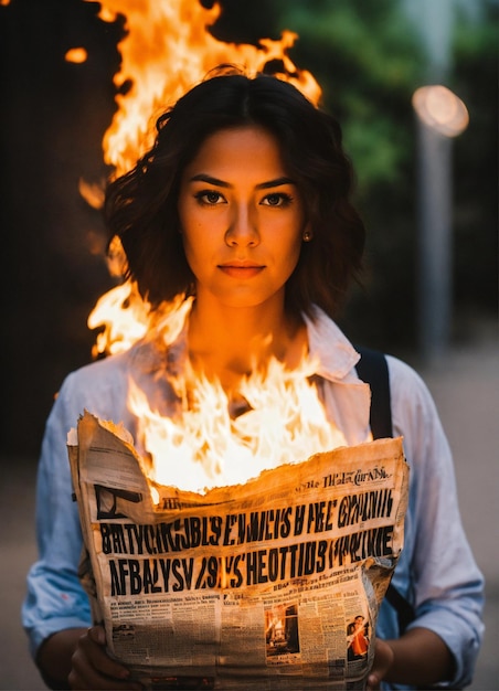 a woman holding a newspaper that saysthe newspaperon its page