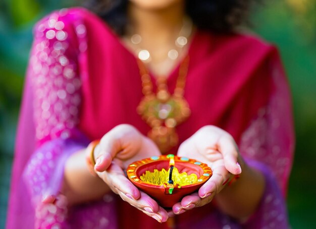 Foto donna che mantiene la lampada a olio durante il festival di diwali