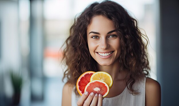 A woman holding an orange in front of her face