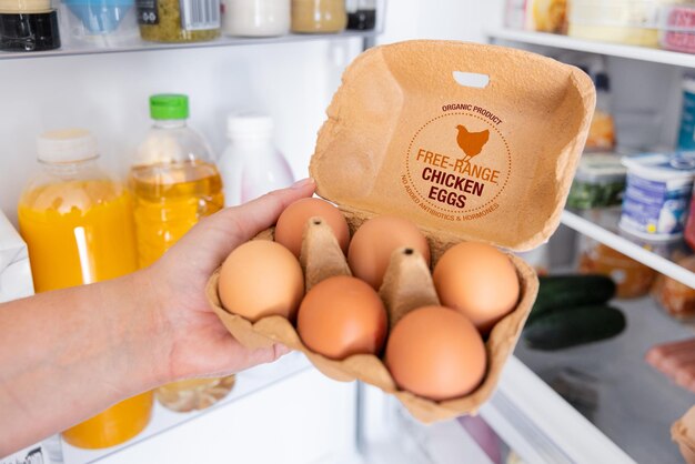 Женщина держит пакет куриных яиц свободного выгула