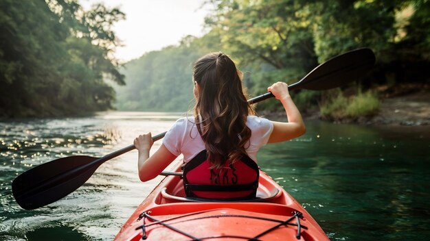 Woman holding paddle in a kayak on the river