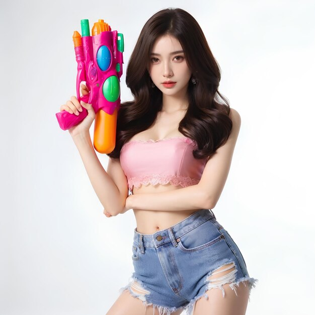 Photo a woman holding a pair of plastic gloves with a pink and blue plastic glove