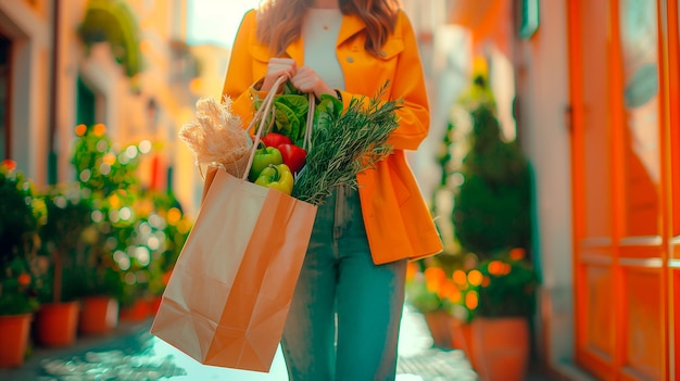 Женщина держит бумажный мешок в воздухе мешок, полный свежих продуктов, здоровой еды и ухода за собой.