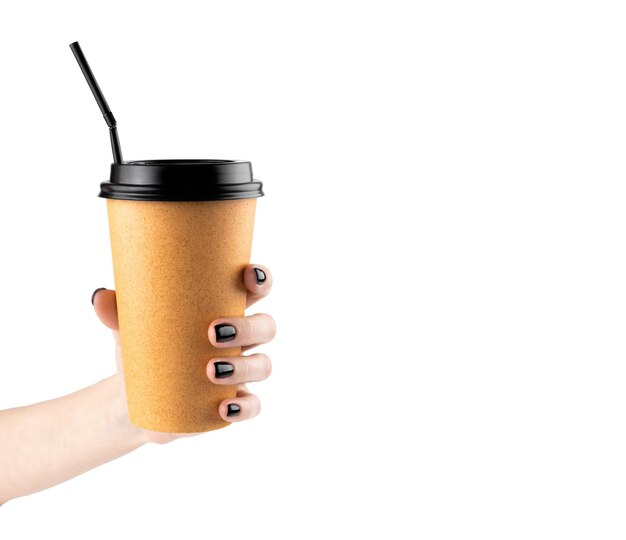 Woman holding paper cup of hot coffee with white background Female hand with black nails