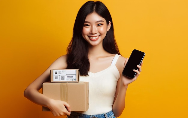 Woman holding a parcel box and smartphone freight transport concept bright color background