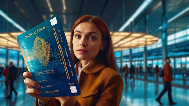 Photo a woman holding a passport with a map of the world map on it