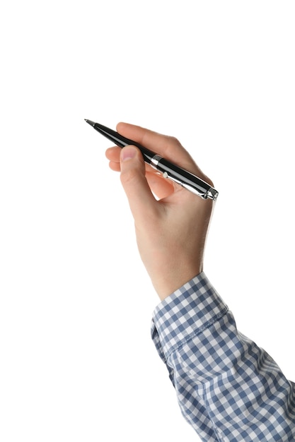 Фото Женщина держит ручку на белом фоне крупным планом