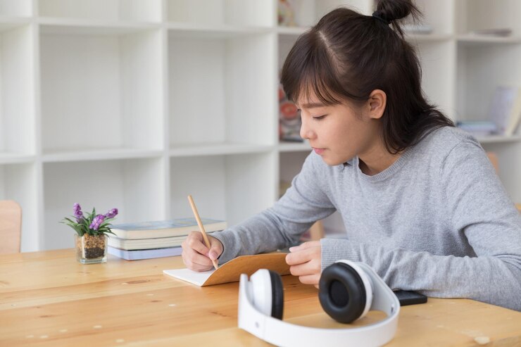 Photo テーブルの上の本の上に筆を握っている女性
