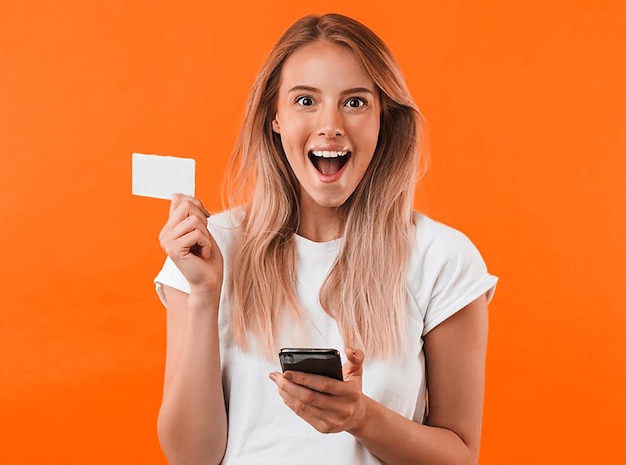 A woman holding a phone and a card