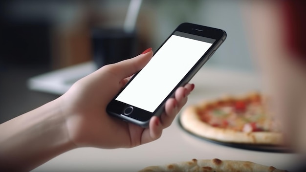 A woman holding a phone with a blank screen