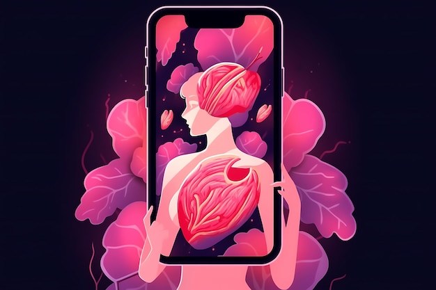 a woman holding a phone with a pink flower in the middle